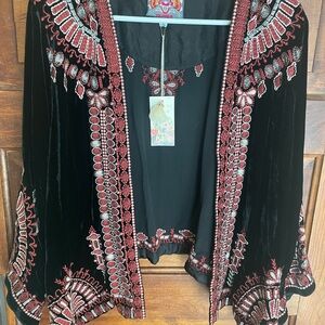 Johnny Was Black Velvet Blouse with Red Embroidery